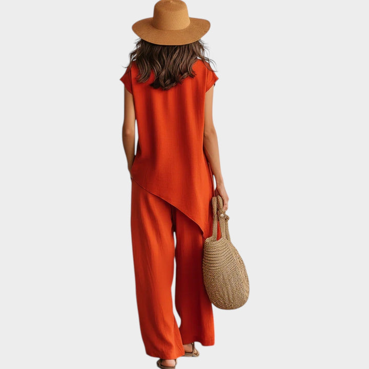 Asymmetric Top with Wide-Leg Pants and Button Accents, Breathable Fabric