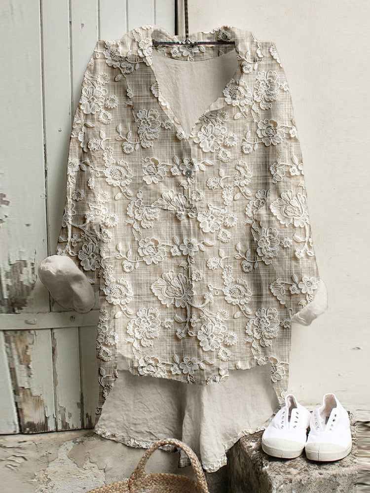 Floral Print Button Front Top with Collared V-Neck and Adjustable Long Sleeves