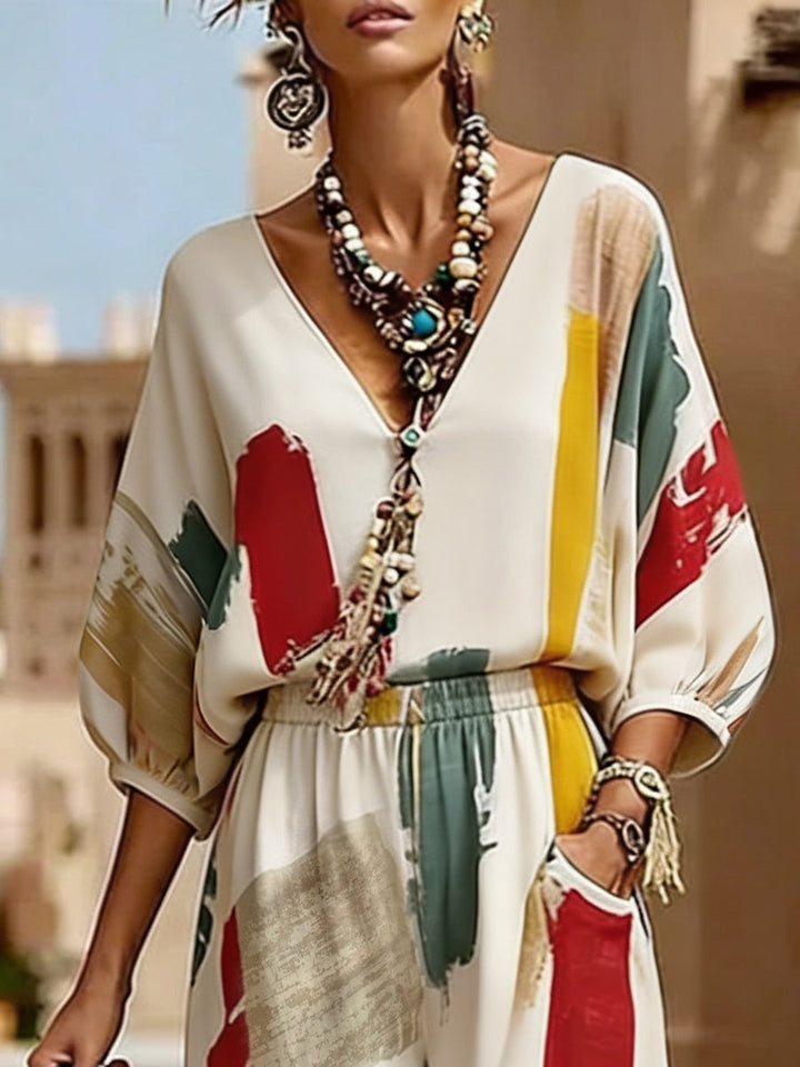 Women's Puff Sleeve Top with V-Neck and Pleated Details, Loose Fit