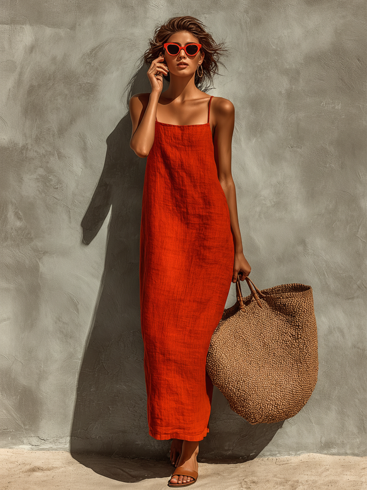 Women's Maxi Dress with Square Neckline and Adjustable Straps, Breathable Fabric