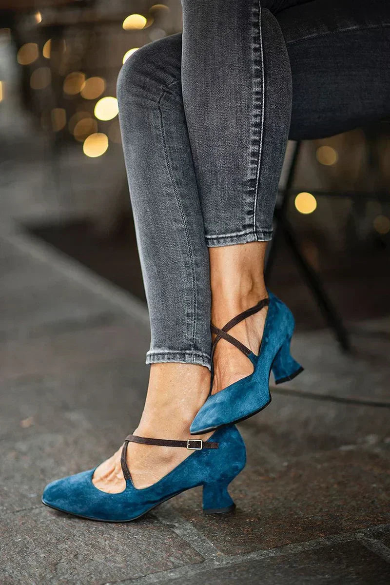 Square Toe Block Heel with Crisscross Strap Design