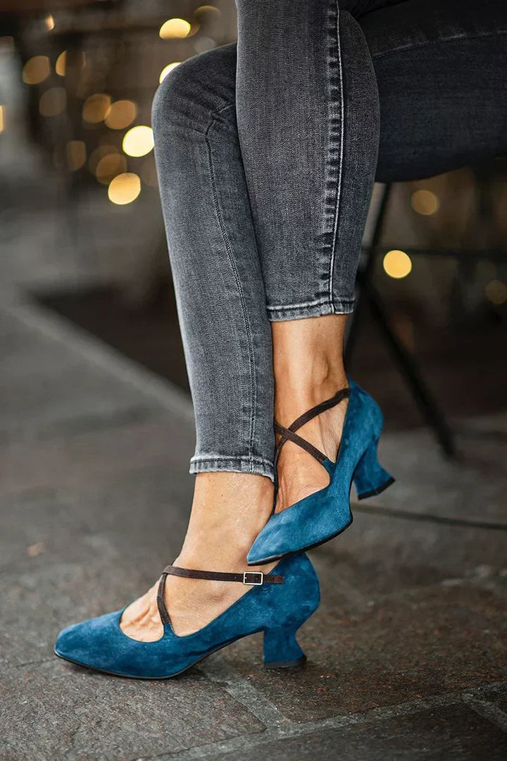 Square Toe Block Heel with Crisscross Strap Design