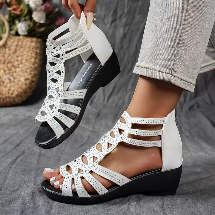 Wedge Sandals with Side Zipper and Open-Toe Design, Perforated Details