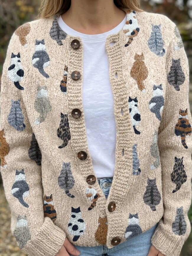 Cat Print Cardigan with Crew Neck and Button Front