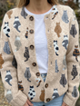 Cat Print Cardigan with Crew Neck and Button Front