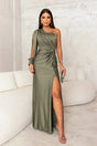 One-Shoulder Green Maxi Dress with Open Sleeve and Front Slit