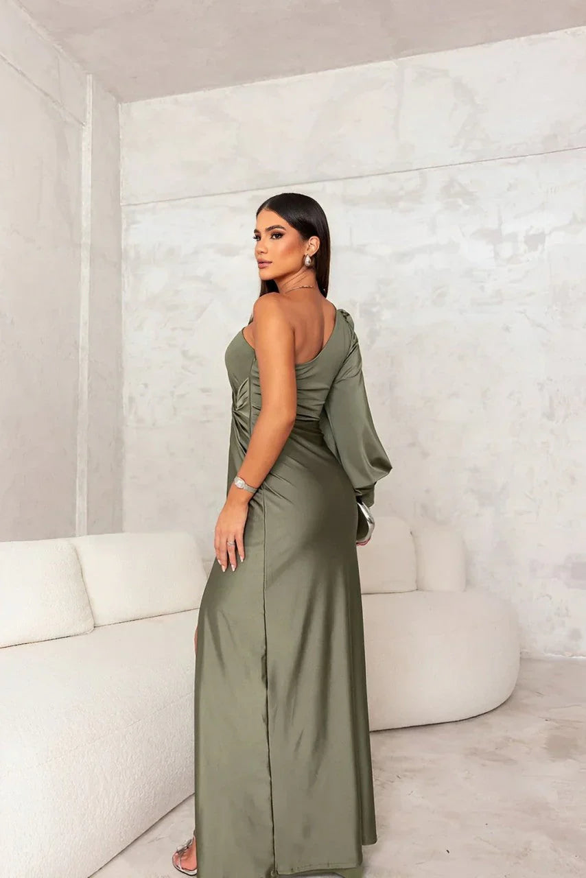 One-Shoulder Green Maxi Dress with Open Sleeve and Front Slit