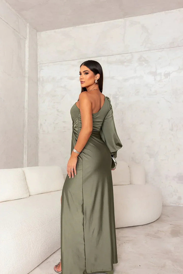 One-Shoulder Green Maxi Dress with Open Sleeve and Front Slit