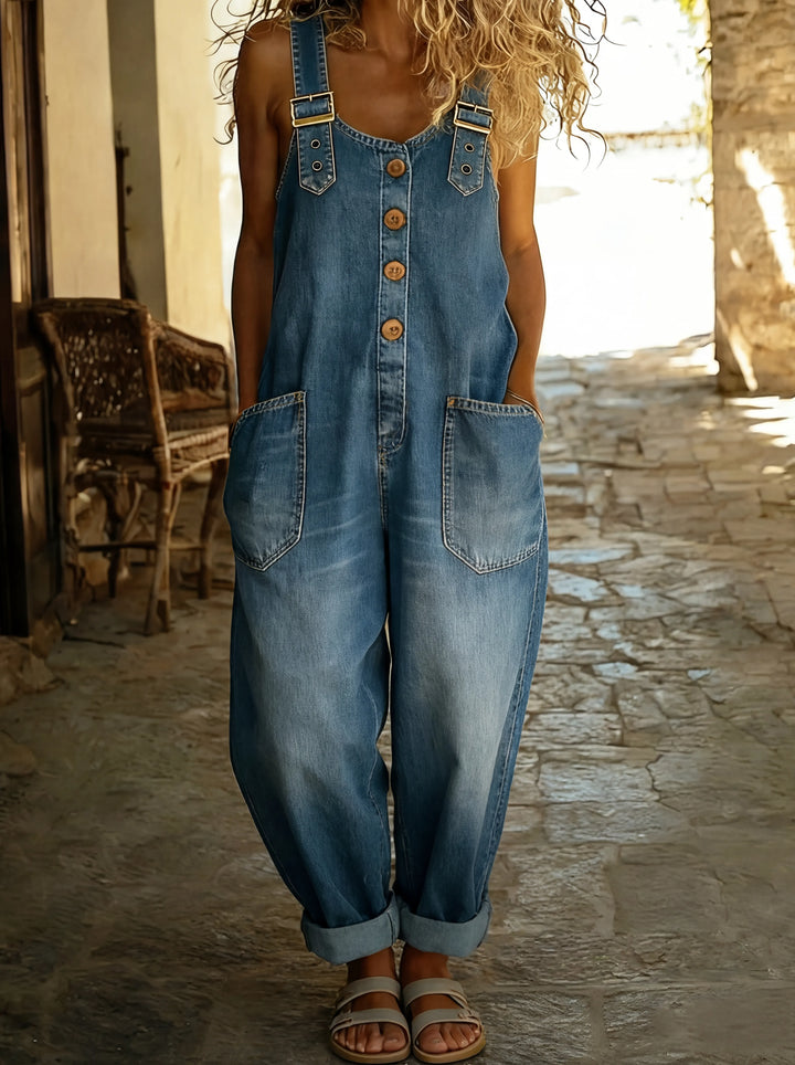 Denim Jumpsuit with Adjustable Buckle Straps and Front Button Closure, Two Pockets
