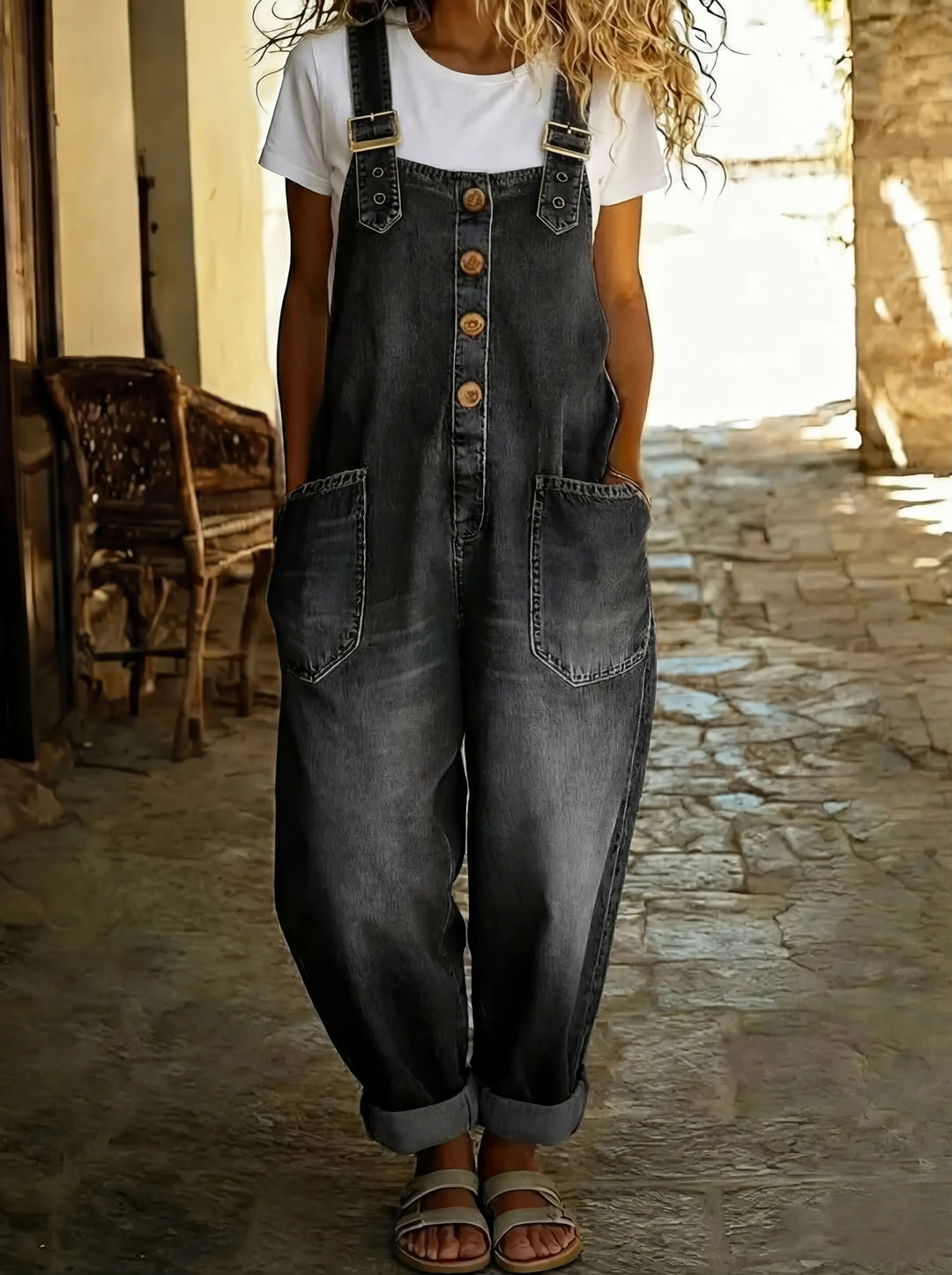 Denim Jumpsuit with Adjustable Buckle Straps and Front Button Closure, Two Pockets