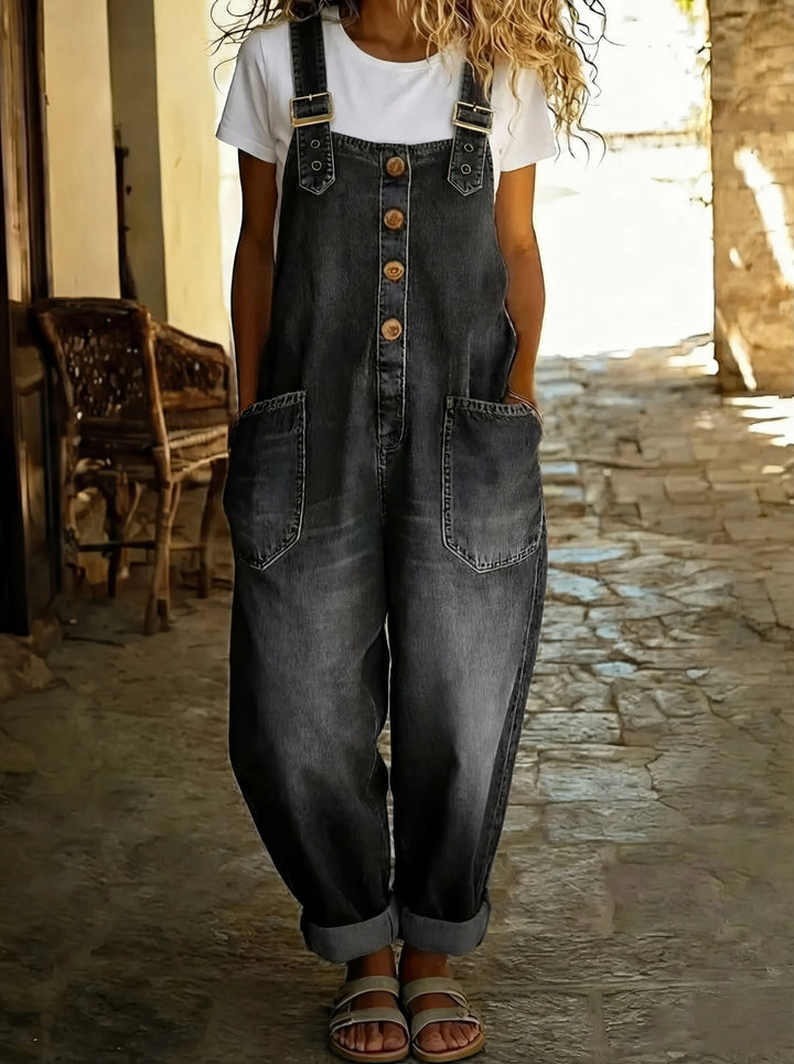 Denim Jumpsuit with Adjustable Buckle Straps and Front Button Closure, Two Pockets