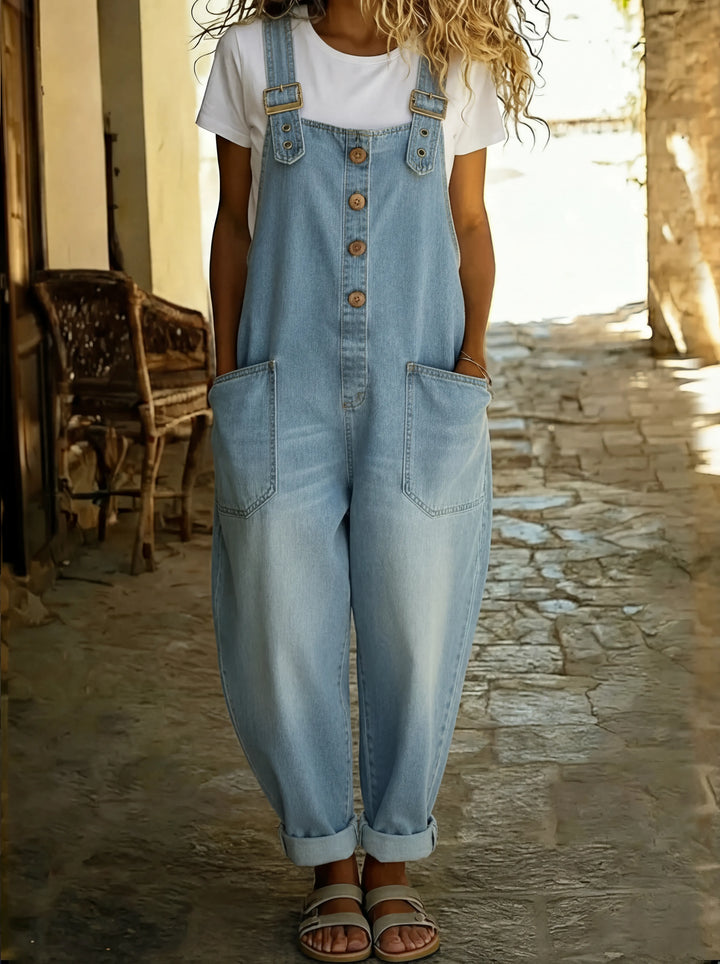Denim Jumpsuit with Adjustable Buckle Straps and Front Button Closure, Two Pockets