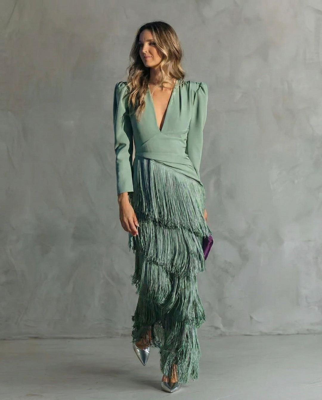 Midi Dress with Fringe Long Sleeves and Flowing Silhouette