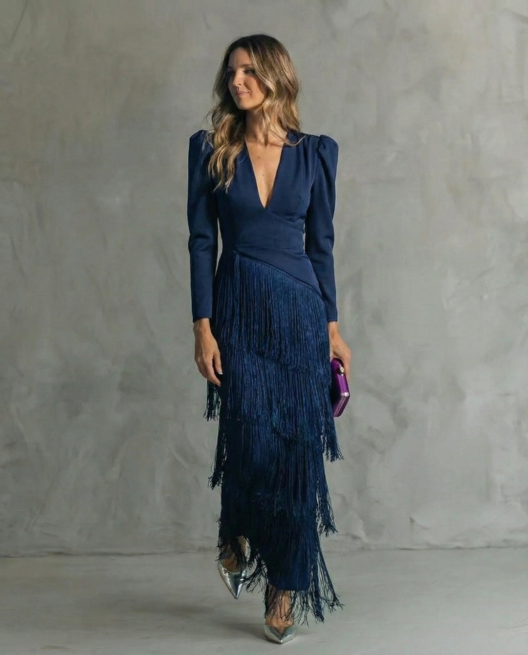 Midi Dress with Fringe Long Sleeves and Flowing Silhouette
