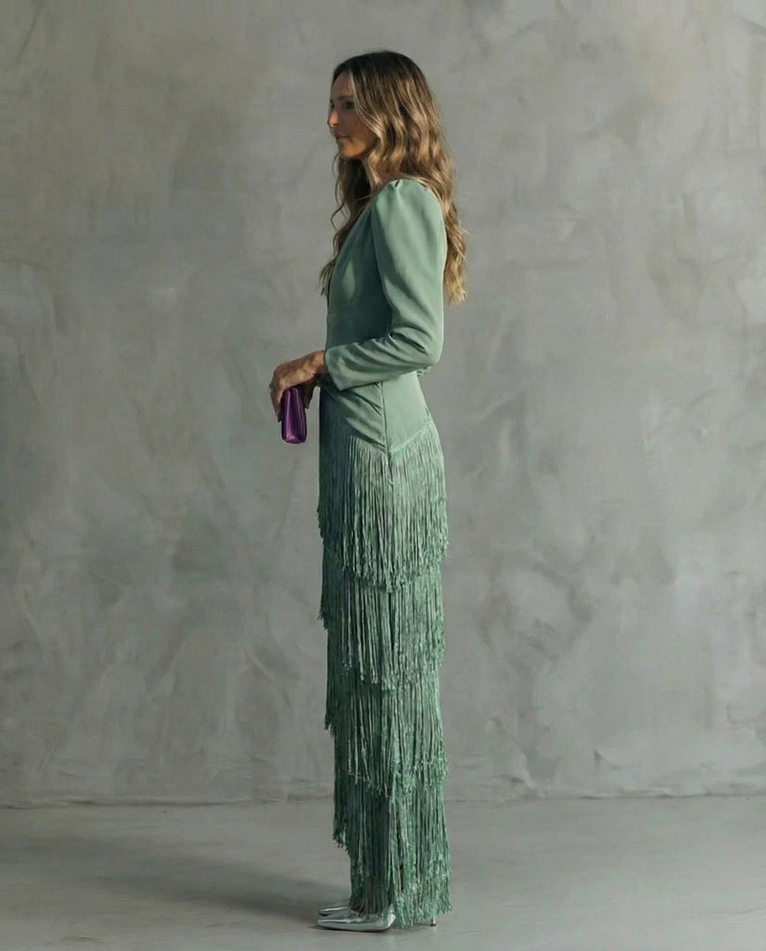 Midi Dress with Fringe Long Sleeves and Flowing Silhouette