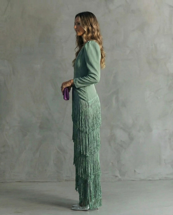 Midi Dress with Fringe Long Sleeves and Flowing Silhouette