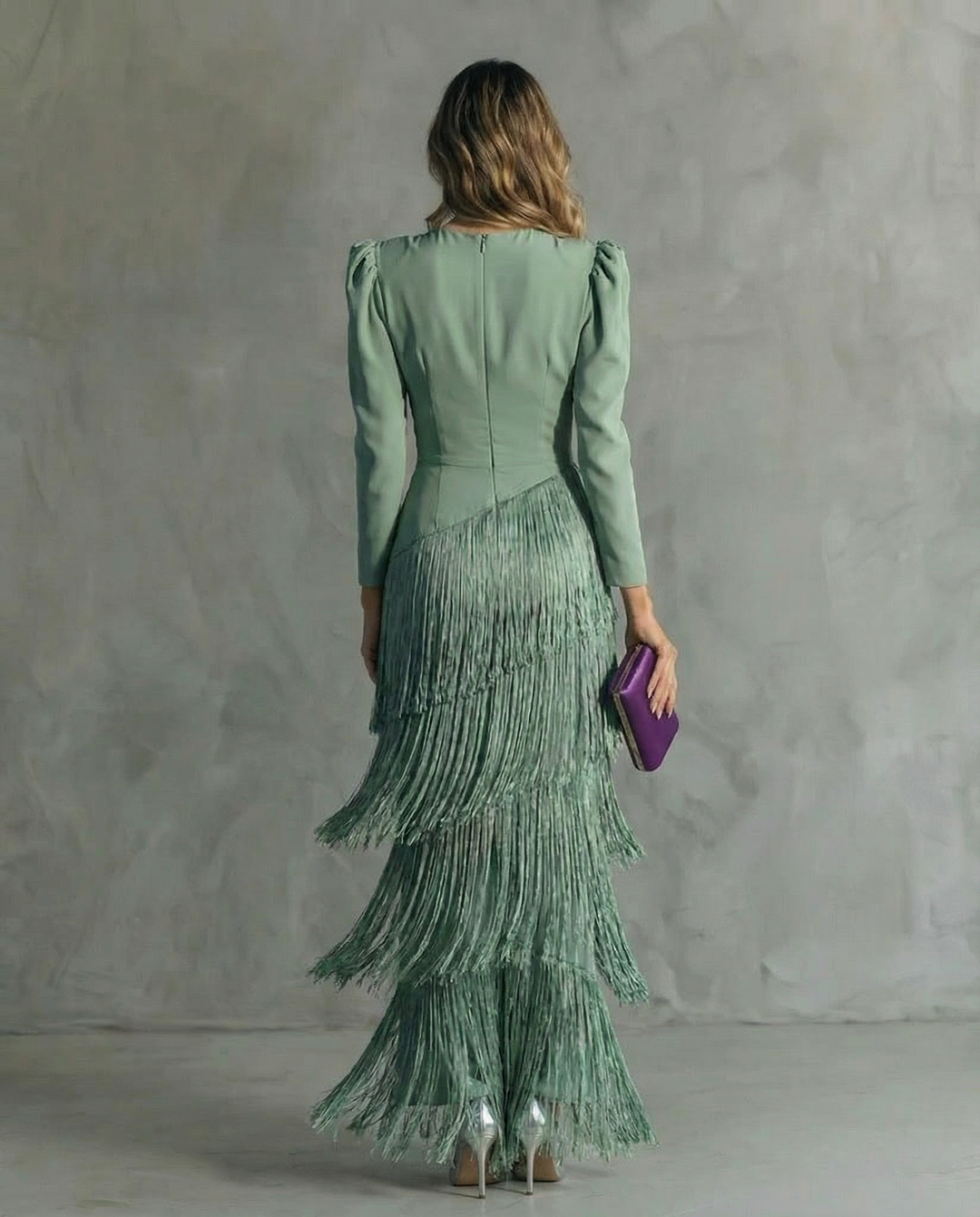 Midi Dress with Fringe Long Sleeves and Flowing Silhouette