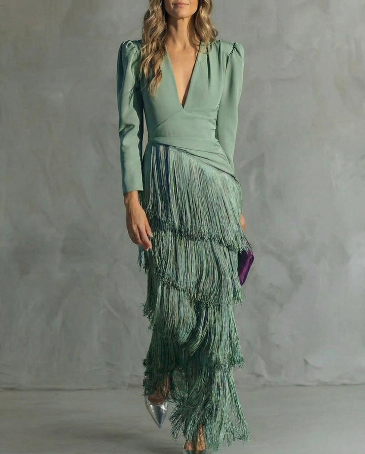 Midi Dress with Fringe Long Sleeves and Flowing Silhouette