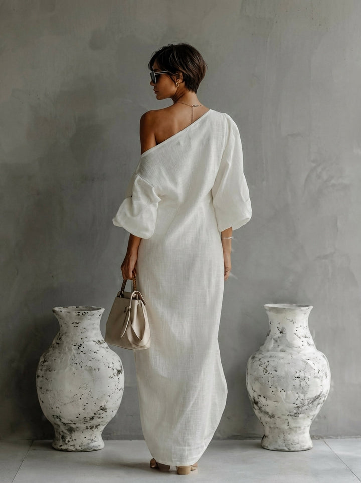 One-Shoulder Maxi Dress with Asymmetric Neckline and Full-Length Sleeve