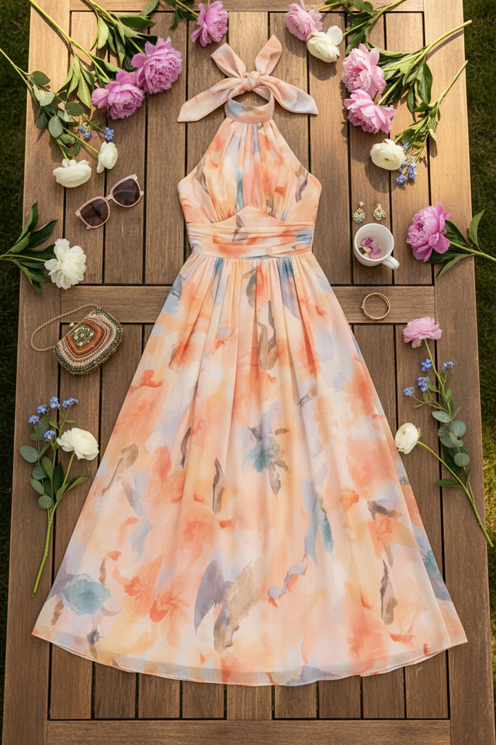 Halter Neck Maxi Dress with Watercolor Print and Flowing Silhouette