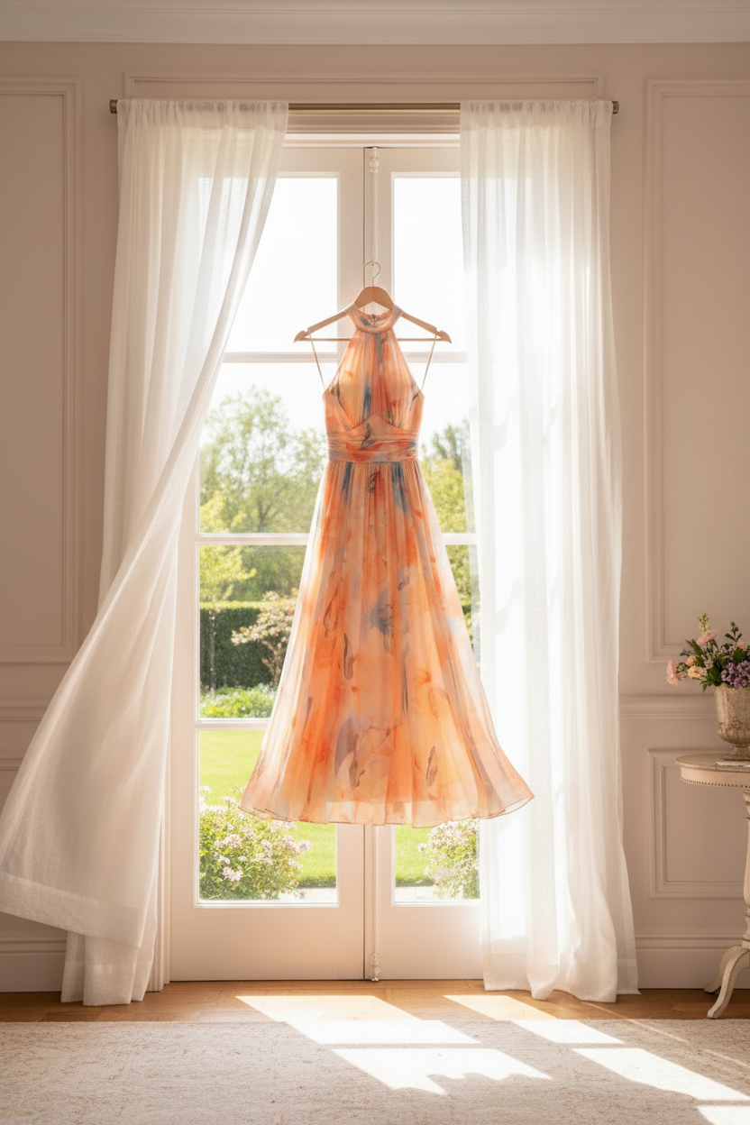 Halter Neck Maxi Dress with Watercolor Print and Flowing Silhouette