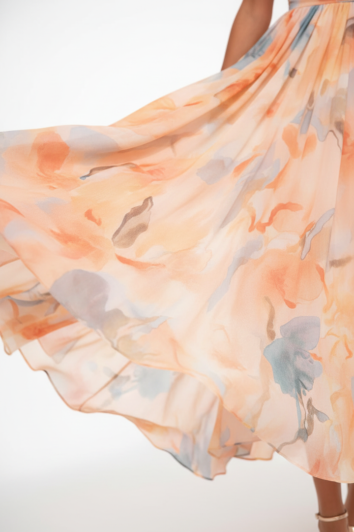 Halter Neck Maxi Dress with Watercolor Print and Flowing Silhouette