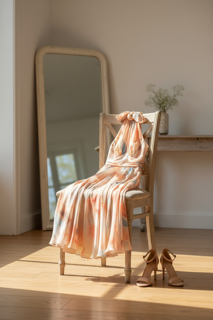 Halter Neck Maxi Dress with Watercolor Print and Flowing Silhouette