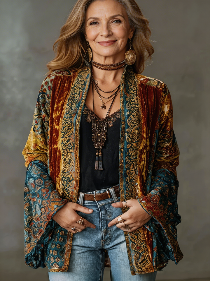 Open-Front Bohemian Kimono Jacket with Long Wide Sleeves and Intricate Pattern