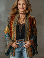 Open-Front Bohemian Kimono Jacket with Long Wide Sleeves and Intricate Pattern