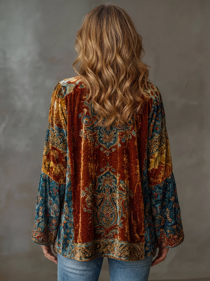 Open-Front Bohemian Kimono Jacket with Long Wide Sleeves and Intricate Pattern