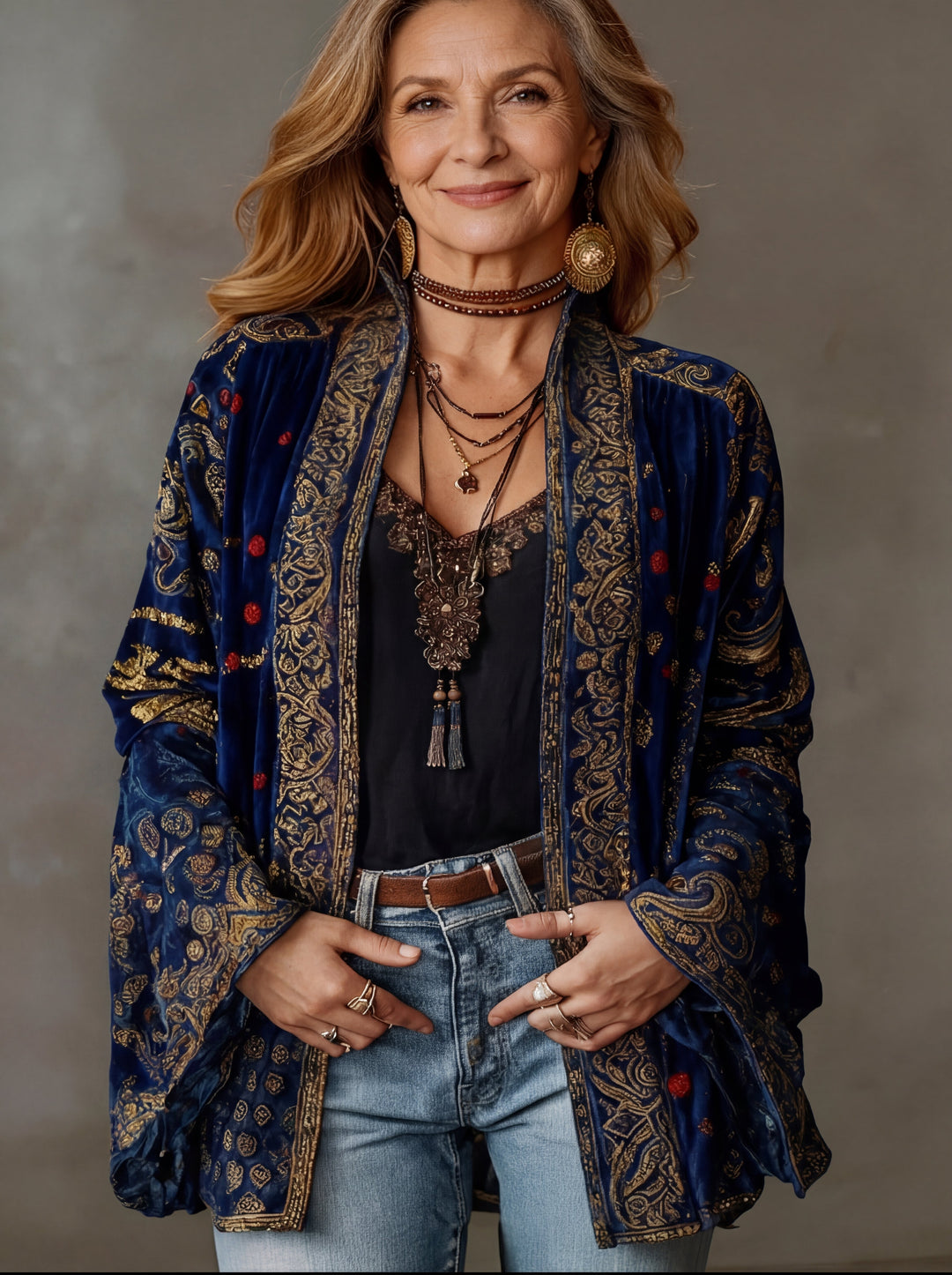 Open-Front Bohemian Kimono Jacket with Long Wide Sleeves and Intricate Pattern