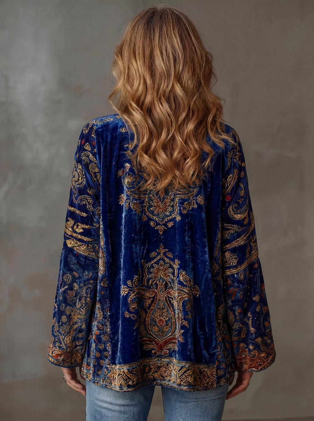 Open-Front Bohemian Kimono Jacket with Long Wide Sleeves and Intricate Pattern
