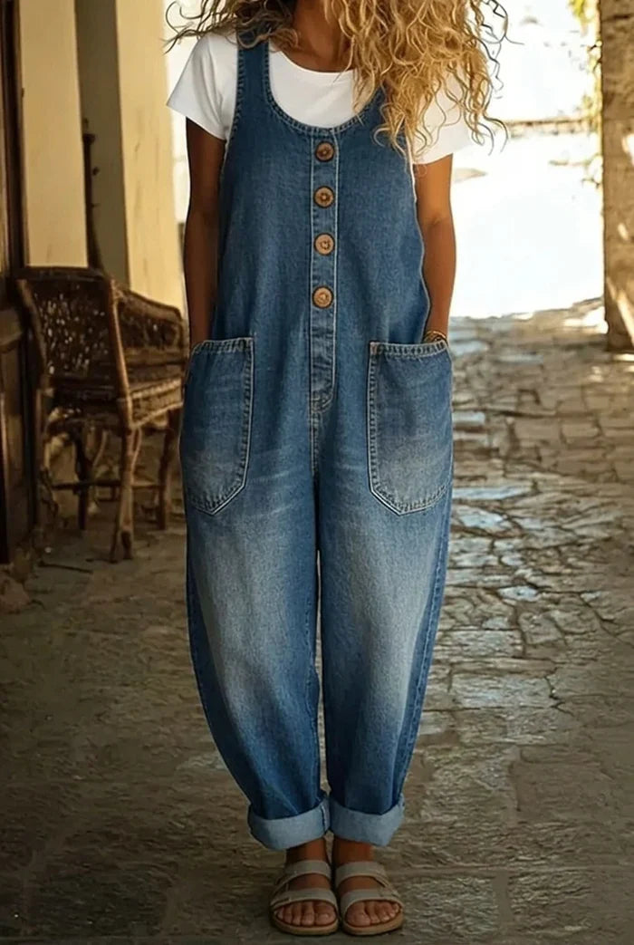 Women's Wide-Leg Cotton Denim Jumpsuit with Adjustable Straps and Front Pockets