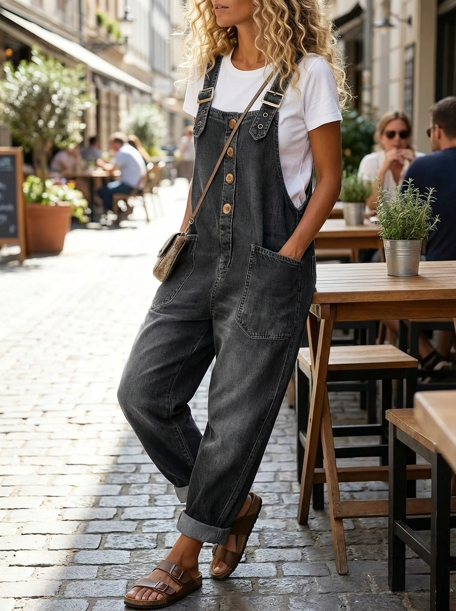 Denim Jumpsuit with Adjustable Straps and Front Pockets, Relaxed Fit