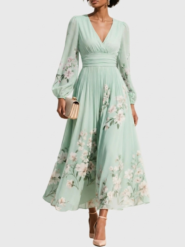 Pleated Dress with V-Neckline and Structured Waistband, Breathable Woven
