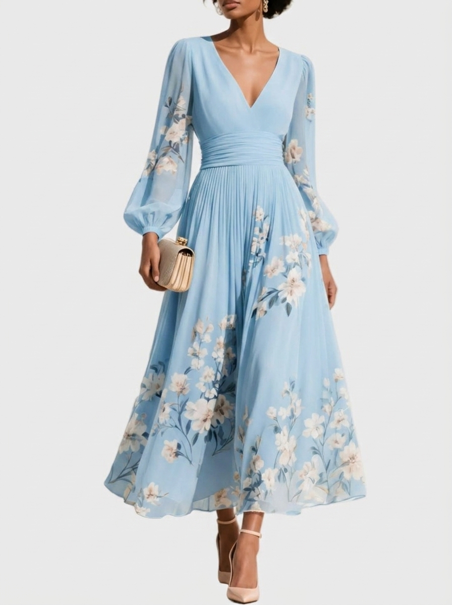 Pleated Dress with V-Neckline and Structured Waistband, Breathable Woven