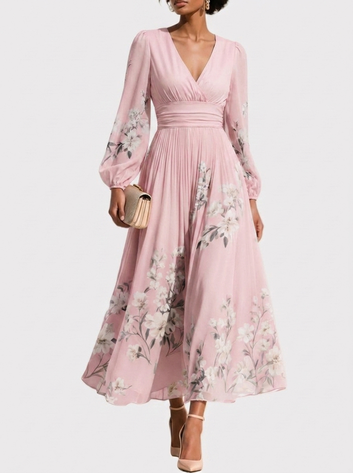 Pleated Dress with V-Neckline and Structured Waistband, Breathable Woven