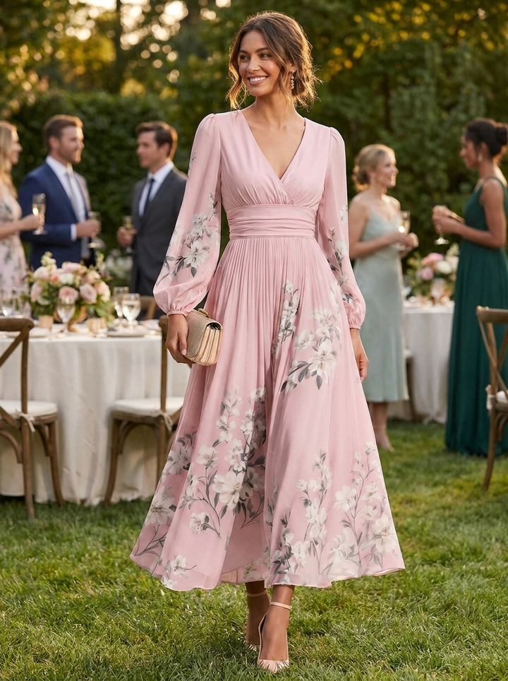 Pleated Dress with V-Neckline and Structured Waistband, Breathable Woven