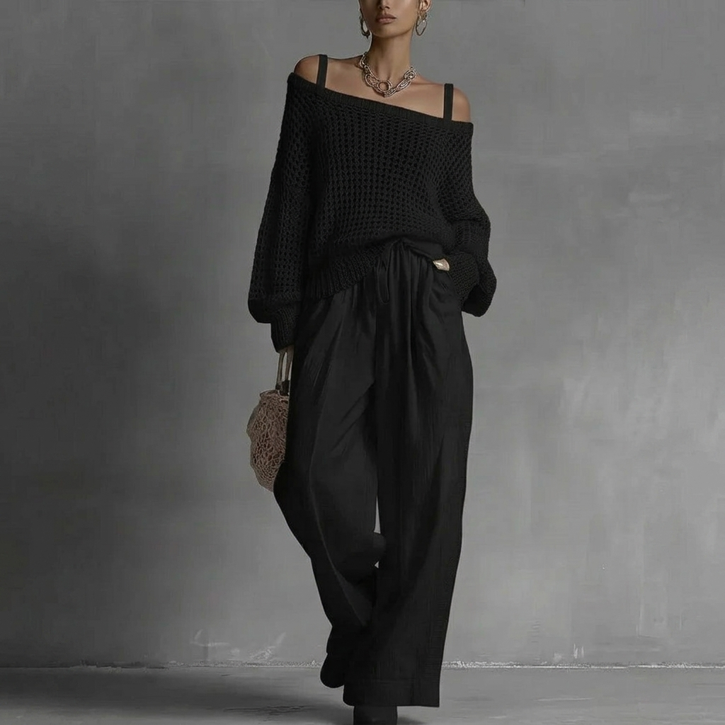 Off-Shoulder Top with Wide-Leg Trousers, Textured Fabric Two-Piece Set