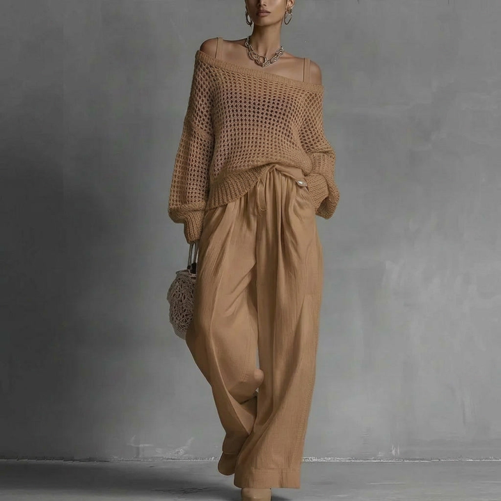 Off-Shoulder Top with Wide-Leg Trousers, Textured Fabric Two-Piece Set