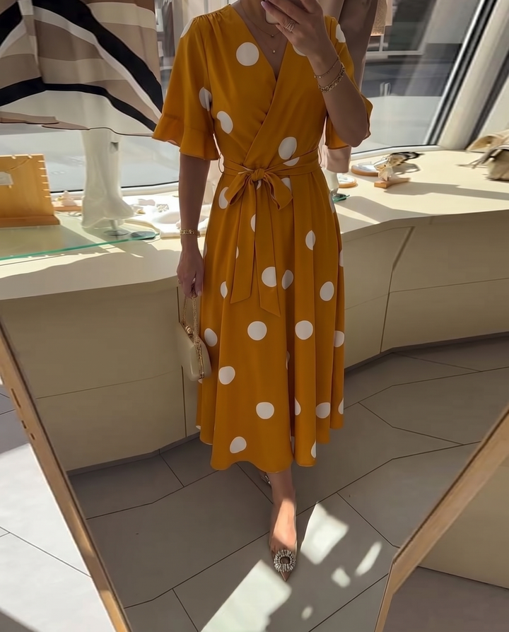 Polka Dot A-Line Dress with V-Neckline and Short Sleeves