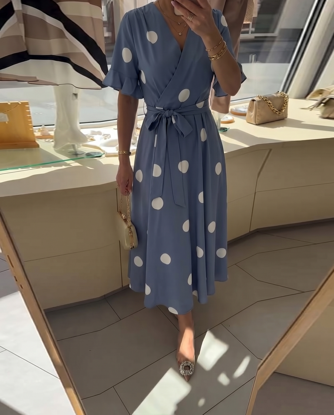 Polka Dot A-Line Dress with V-Neckline and Short Sleeves