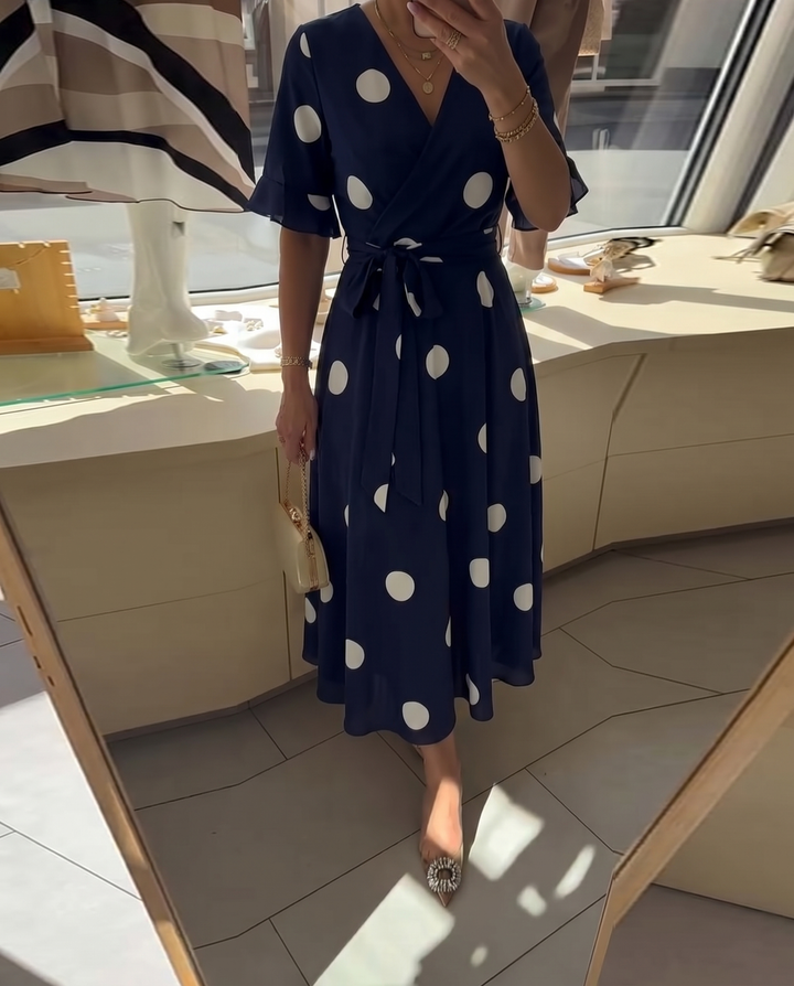 Polka Dot A-Line Dress with V-Neckline and Short Sleeves