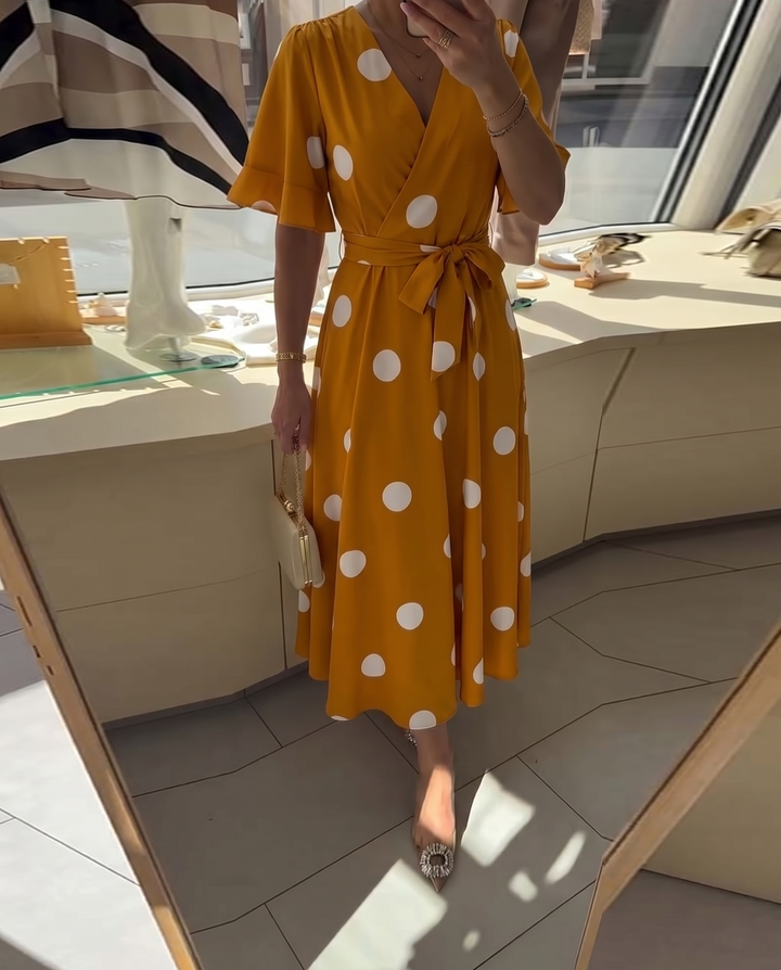 Polka Dot A-Line Dress with V-Neckline and Short Sleeves
