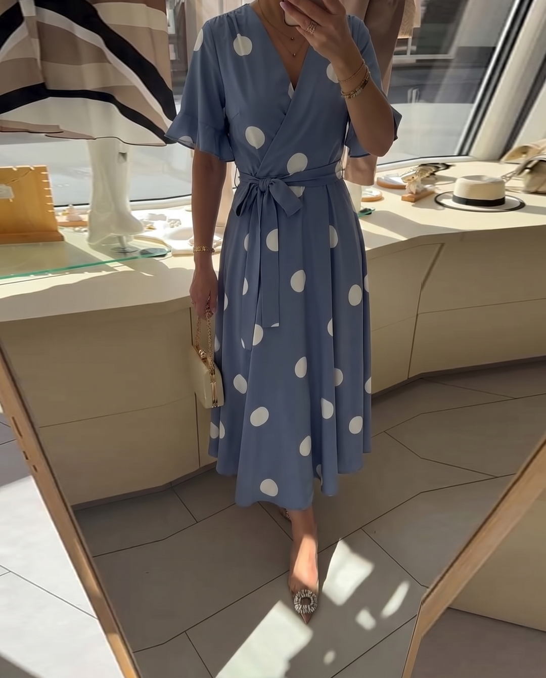 Polka Dot A-Line Dress with V-Neckline and Short Sleeves