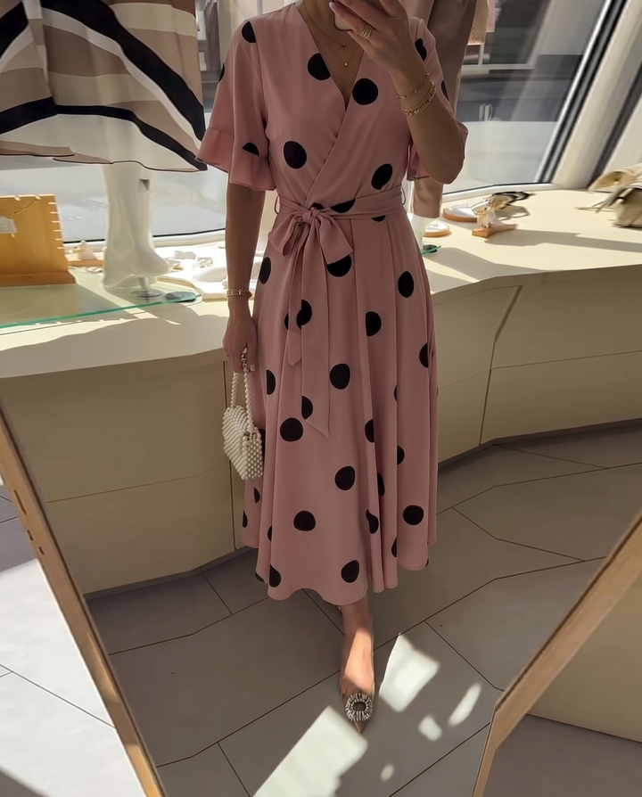 Polka Dot A-Line Dress with V-Neckline and Short Sleeves
