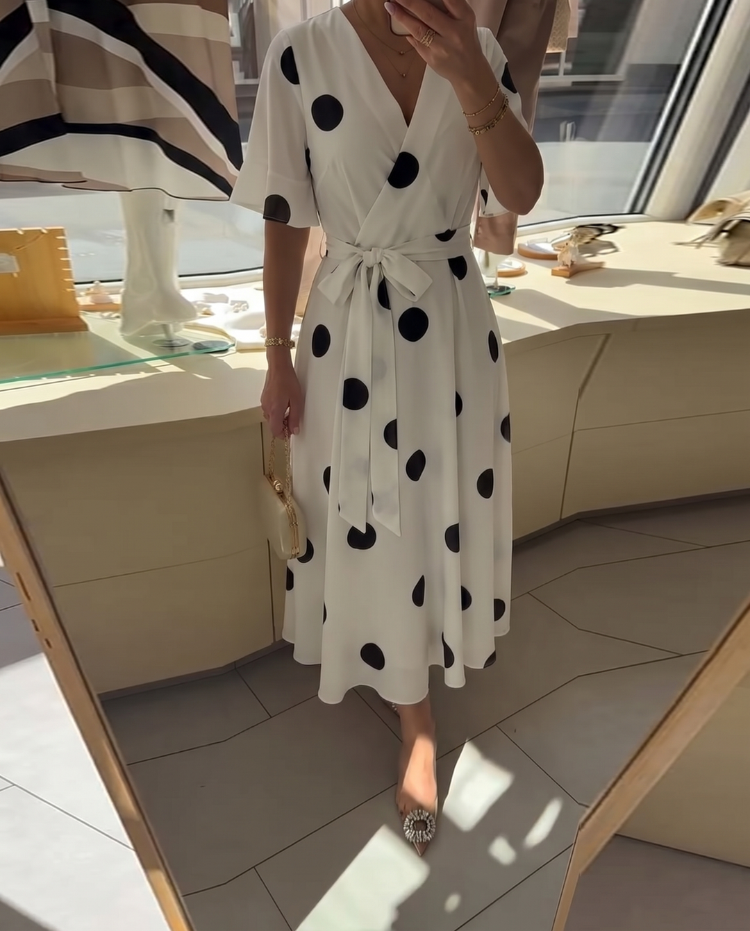 Polka Dot A-Line Dress with V-Neckline and Short Sleeves