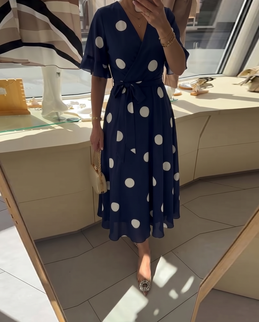 Polka Dot A-Line Dress with V-Neckline and Short Sleeves