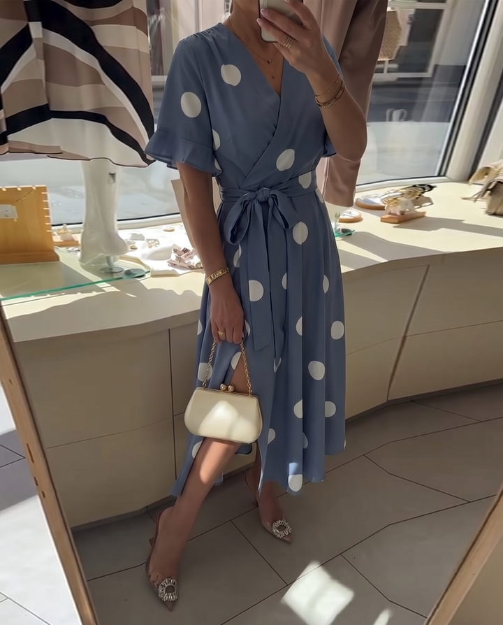 Polka Dot A-Line Dress with V-Neckline and Short Sleeves