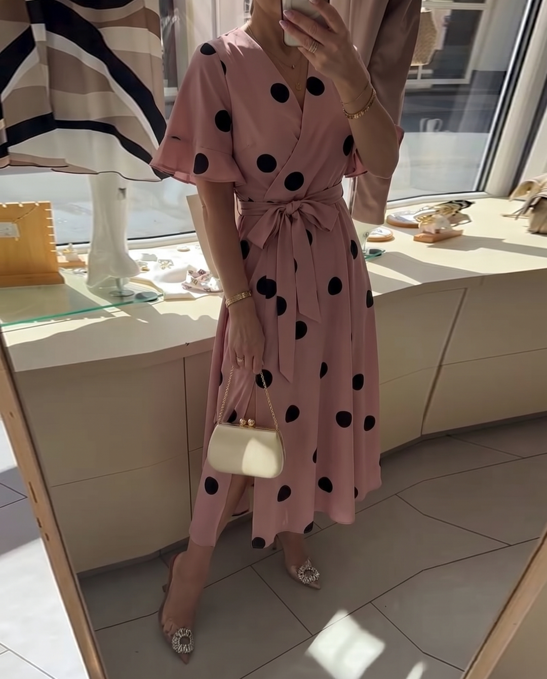 Polka Dot A-Line Dress with V-Neckline and Short Sleeves